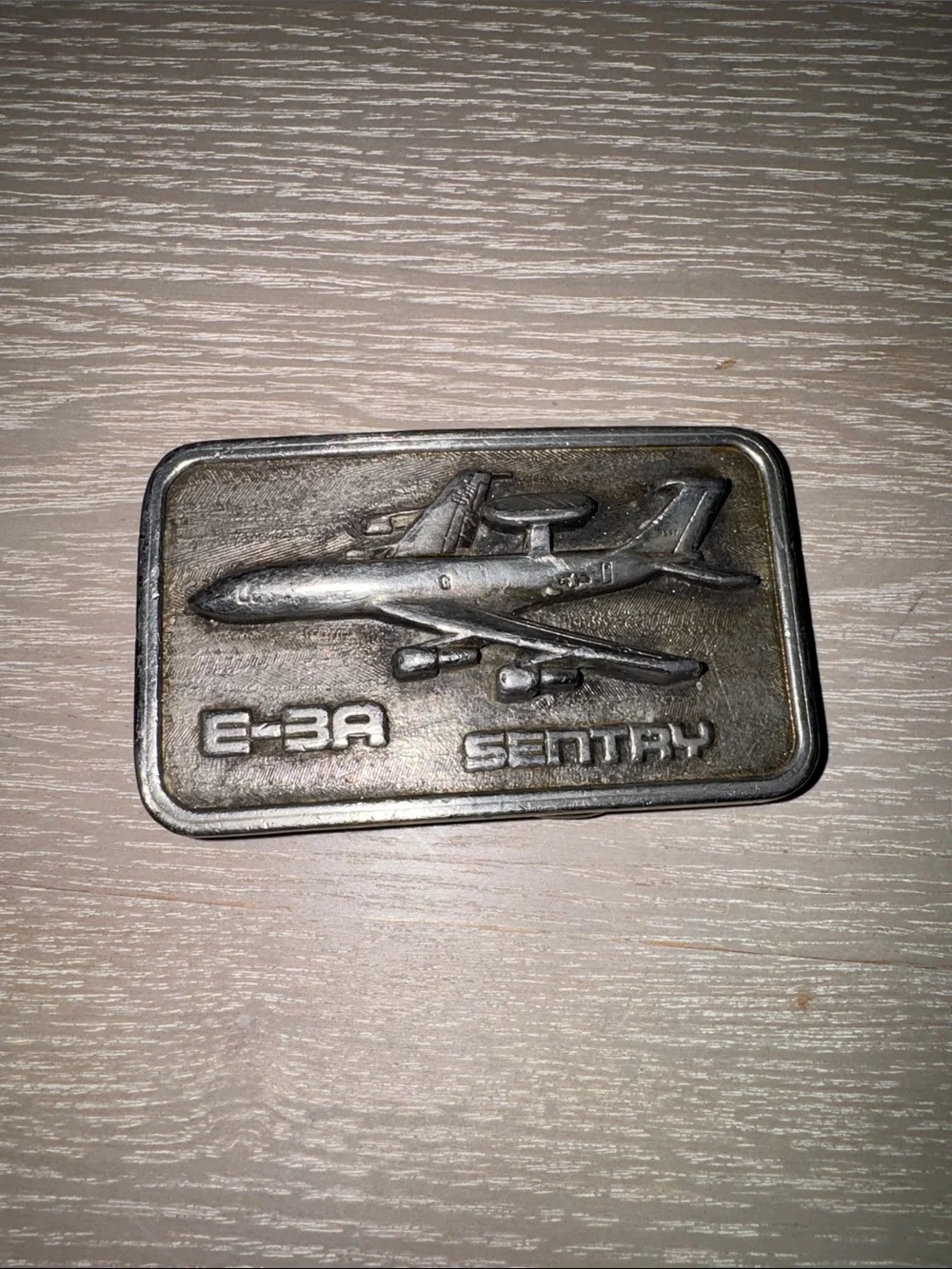 vintage pewter-tone metal belt buckle. Boeing E-3A Sentry